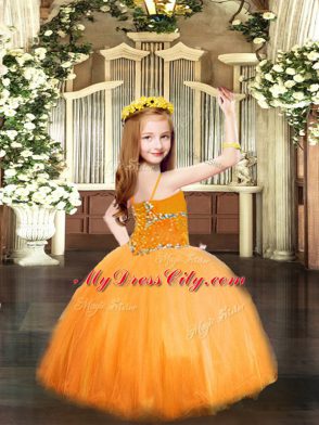 Orange Ball Gowns Tulle Spaghetti Straps Sleeveless Beading Floor Length Lace Up Pageant Gowns For Girls