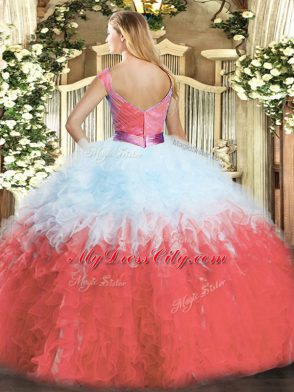 Fabulous V-neck Sleeveless Zipper 15 Quinceanera Dress Multi-color Organza