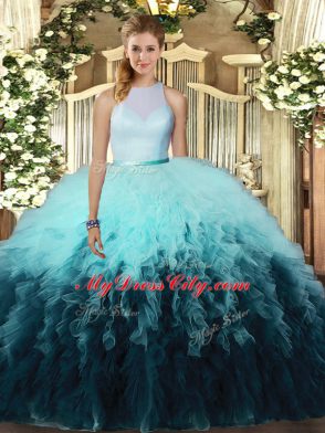 Popular Tulle High-neck Sleeveless Backless Ruffles Quinceanera Gowns in Multi-color