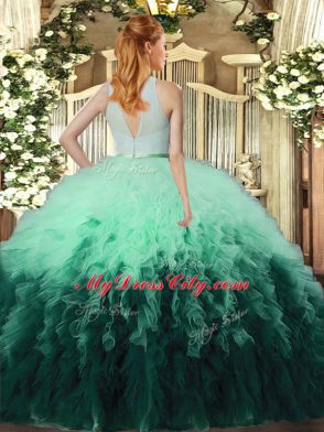 Popular Tulle High-neck Sleeveless Backless Ruffles Quinceanera Gowns in Multi-color