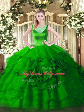 Artistic Scoop Sleeveless Zipper 15th Birthday Dress Green Organza