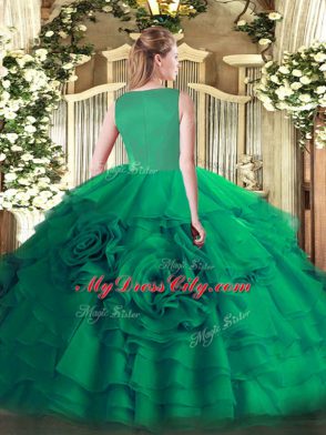 Artistic Scoop Sleeveless Zipper 15th Birthday Dress Green Organza