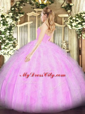 On Sale Sleeveless Floor Length Beading and Ruffles Lace Up Quinceanera Dress with Lavender