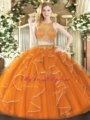 Exceptional Orange Sleeveless Floor Length Beading and Ruffles Zipper Sweet 16 Quinceanera Dress