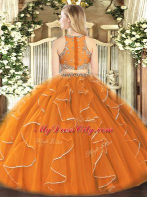 Exceptional Orange Sleeveless Floor Length Beading and Ruffles Zipper Sweet 16 Quinceanera Dress