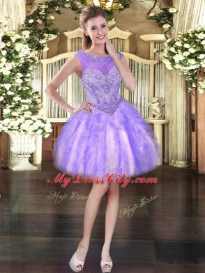 Classical Lavender Tulle Lace Up Evening Dress Sleeveless Mini Length Beading and Ruffles