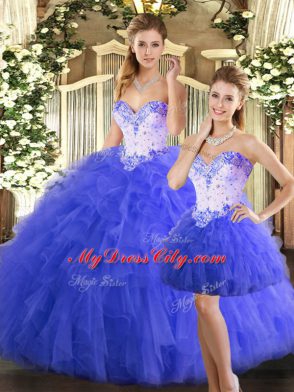 Beading and Ruffles Quinceanera Dresses Blue Lace Up Sleeveless Floor Length