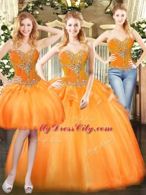 Orange Red Sleeveless Floor Length Beading and Ruffles Lace Up Quince Ball Gowns