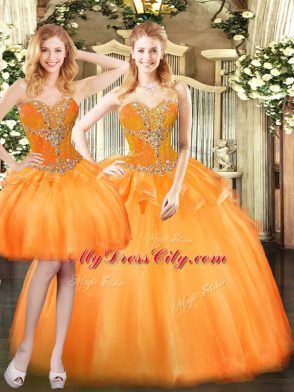 Orange Red Sleeveless Floor Length Beading and Ruffles Lace Up Quince Ball Gowns