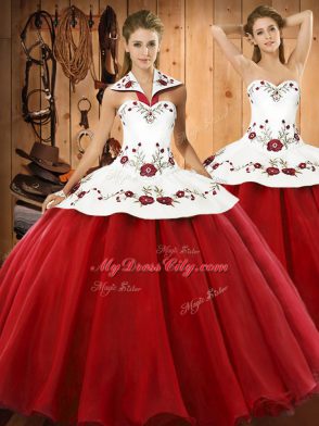 Smart Wine Red Satin and Tulle Lace Up Quinceanera Dresses Sleeveless Floor Length Embroidery