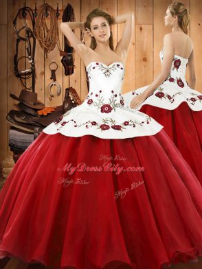 Smart Wine Red Satin and Tulle Lace Up Quinceanera Dresses Sleeveless Floor Length Embroidery