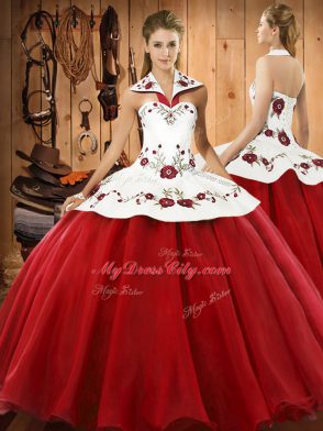 Smart Wine Red Satin and Tulle Lace Up Quinceanera Dresses Sleeveless Floor Length Embroidery