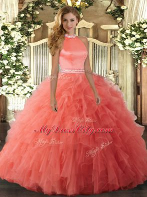 Orange Red Ball Gowns Organza Halter Top Sleeveless Beading and Ruffles Floor Length Backless Quince Ball Gowns