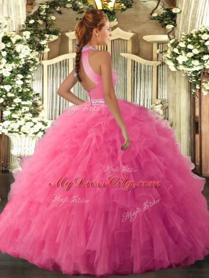 Orange Red Ball Gowns Organza Halter Top Sleeveless Beading and Ruffles Floor Length Backless Quince Ball Gowns