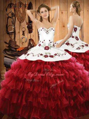 Suitable Wine Red Ball Gowns Embroidery and Ruffled Layers Ball Gown Prom Dress Lace Up Organza Sleeveless Floor Length