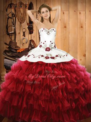 Suitable Wine Red Ball Gowns Embroidery and Ruffled Layers Ball Gown Prom Dress Lace Up Organza Sleeveless Floor Length