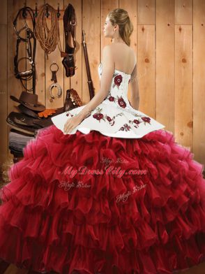 Suitable Wine Red Ball Gowns Embroidery and Ruffled Layers Ball Gown Prom Dress Lace Up Organza Sleeveless Floor Length