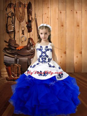 Royal Blue Sleeveless Floor Length Embroidery and Ruffles Lace Up Kids Pageant Dress