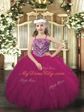 Tulle Straps Sleeveless Lace Up Beading and Ruffles Kids Formal Wear in Fuchsia