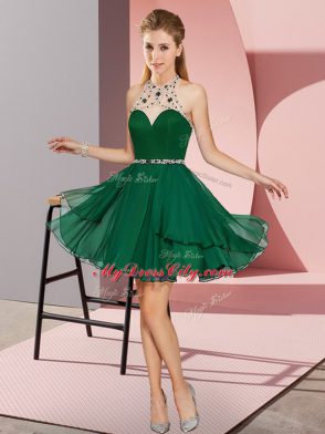 Mini Length Dark Green Prom Gown Chiffon Sleeveless Beading