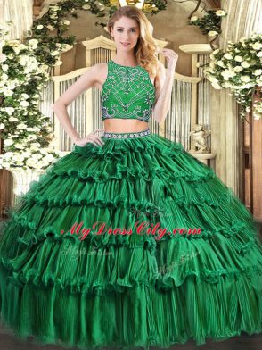 Affordable Dark Green Sleeveless Floor Length Beading and Appliques and Ruffled Layers Zipper Sweet 16 Dress