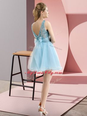 Apple Green A-line Chiffon Bateau Sleeveless Beading and Bowknot Mini Length Zipper Evening Dress