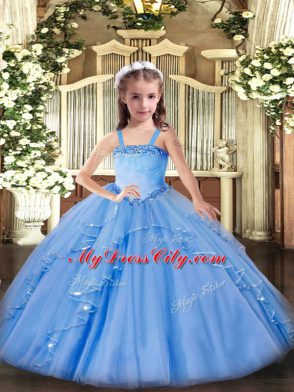 Latest Baby Blue Little Girls Pageant Dress Party and Quinceanera with Appliques and Ruffles Straps Sleeveless Lace Up