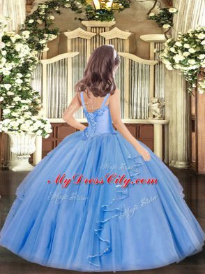 Latest Baby Blue Little Girls Pageant Dress Party and Quinceanera with Appliques and Ruffles Straps Sleeveless Lace Up