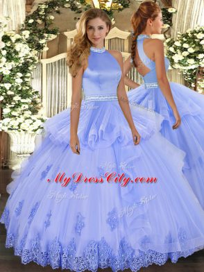 Graceful Lavender Sweet 16 Dresses Military Ball and Sweet 16 and Quinceanera with Beading and Appliques Halter Top Sleeveless Backless