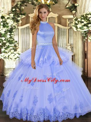 Graceful Lavender Sweet 16 Dresses Military Ball and Sweet 16 and Quinceanera with Beading and Appliques Halter Top Sleeveless Backless