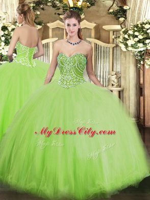 Amazing Sleeveless Tulle Floor Length Lace Up Quince Ball Gowns in Yellow Green with Beading