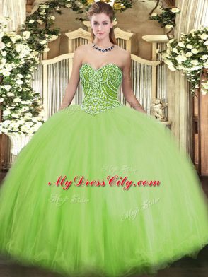 Amazing Sleeveless Tulle Floor Length Lace Up Quince Ball Gowns in Yellow Green with Beading