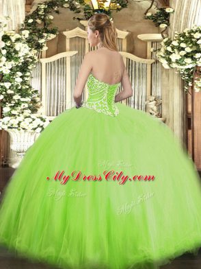 Amazing Sleeveless Tulle Floor Length Lace Up Quince Ball Gowns in Yellow Green with Beading