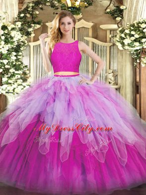 Traditional Scoop Sleeveless Quinceanera Gowns Floor Length Lace and Ruffles Fuchsia Organza