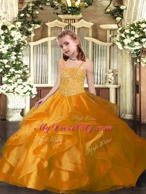 Trendy Floor Length Ball Gowns Sleeveless Orange Girls Pageant Dresses Lace Up