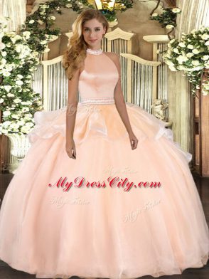 Noble Peach Sleeveless Tulle Backless Quinceanera Gown for Military Ball and Sweet 16 and Quinceanera