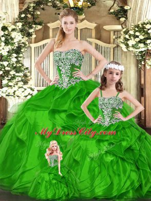 Sexy Organza Strapless Sleeveless Lace Up Beading and Ruffles Sweet 16 Quinceanera Dress in Green