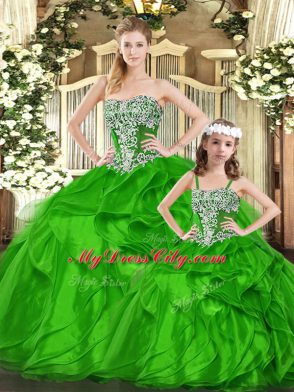 Sexy Organza Strapless Sleeveless Lace Up Beading and Ruffles Sweet 16 Quinceanera Dress in Green