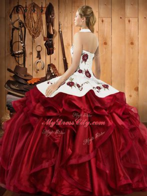 Customized Halter Top Sleeveless Satin and Organza Sweet 16 Dress Embroidery and Ruffles Lace Up