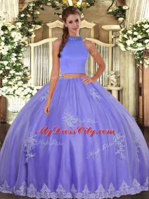 Deluxe Lavender Tulle Backless Halter Top Sleeveless Floor Length Quinceanera Gown Beading and Appliques