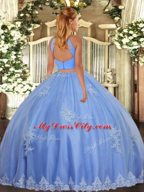 Deluxe Lavender Tulle Backless Halter Top Sleeveless Floor Length Quinceanera Gown Beading and Appliques