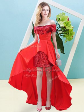 Flare Off The Shoulder Short Sleeves Prom Evening Gown High Low Beading Red Elastic Woven Satin and Sequined