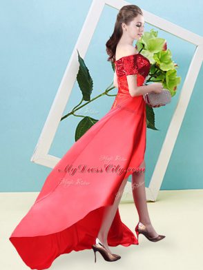 Flare Off The Shoulder Short Sleeves Prom Evening Gown High Low Beading Red Elastic Woven Satin and Sequined