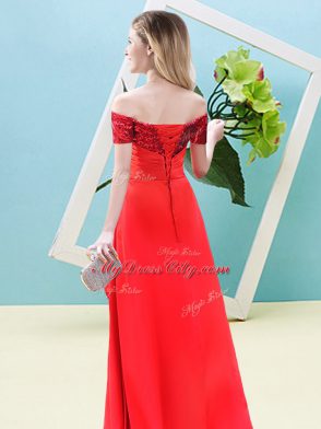 Flare Off The Shoulder Short Sleeves Prom Evening Gown High Low Beading Red Elastic Woven Satin and Sequined