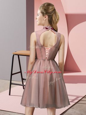 Low Price High-neck Sleeveless Bridesmaid Dresses Knee Length Appliques Pink Tulle