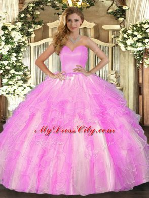 Sleeveless Organza Floor Length Lace Up Quince Ball Gowns in Lilac with Ruffles