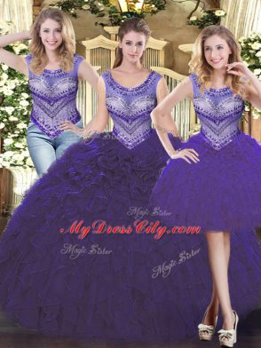 Scoop Sleeveless Sweet 16 Dress Floor Length Beading and Ruffles Purple Tulle