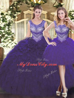 Scoop Sleeveless Sweet 16 Dress Floor Length Beading and Ruffles Purple Tulle