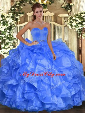 Glamorous Blue Organza Lace Up Ball Gown Prom Dress Sleeveless Floor Length Beading and Ruffles