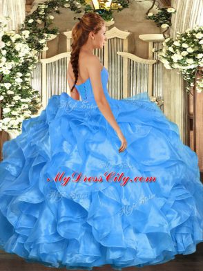 Glamorous Blue Organza Lace Up Ball Gown Prom Dress Sleeveless Floor Length Beading and Ruffles